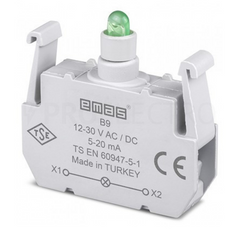 Блок-контакт подсветки B9 с зеленым светодиодом 12-30 В AC/DC EMAS