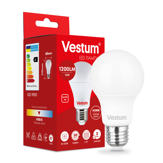 Світлодіодна лампа Vestum A60 12W 4100K 220V E27 1-VS-1103, Білий, 1-VS-1103, 4100