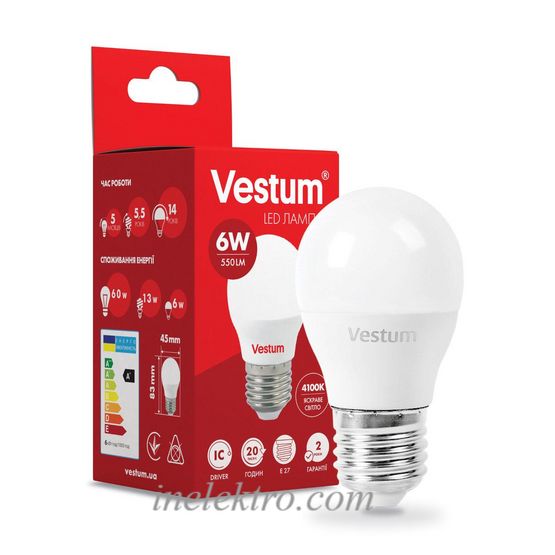 Світлодіодна лампа Vestum G45 6W 4100K 220V E27 1-VS-1201, Білий, 1-VS-1201, 4100