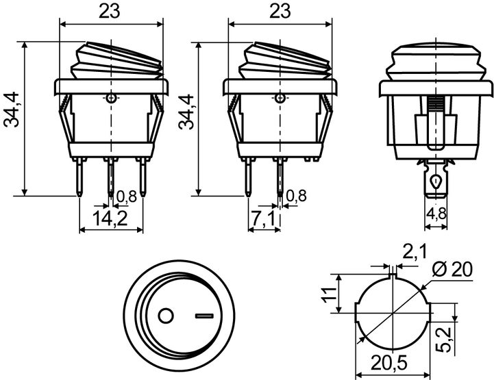 KCD1-5-101NW BL/B 220V Перемикач 1 клав.круглий вологозах. синій з підсвічуванням